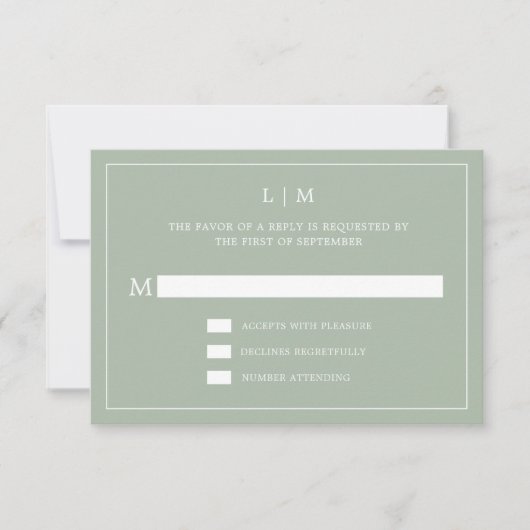 Einfache Hochzeit Green Monogram Elegant Wedding RSVP Karte (Vorderseite)
