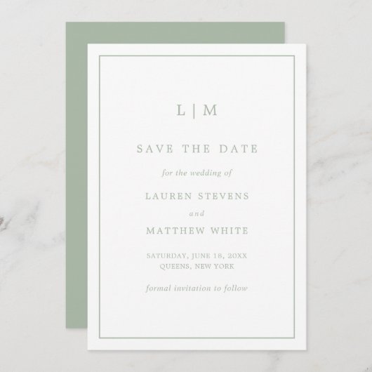 Einfache Hochzeit Green Monogram Elegant Wedding Save The Date (Vorne/Hinten)