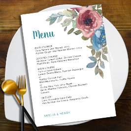Einfache Hochzeit in Blau und Rosa Menükarte