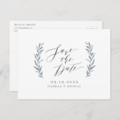 Einfache Hochzeit in blauen Kalligraphien Ankündigungspostkarte (Vorne/Hinten)