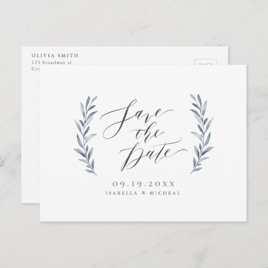 Einfache Hochzeit in blauen Kalligraphien Ankündigungspostkarte (Vorne/Hinten)