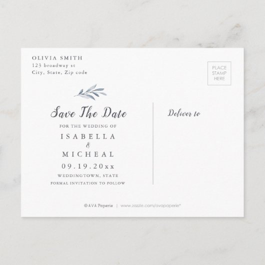 Einfache Hochzeit in blauen Kalligraphien Ankündigungspostkarte (Rückseite)