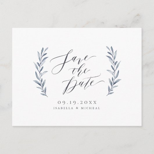 Einfache Hochzeit in blauen Kalligraphien Ankündigungspostkarte (Vorderseite)