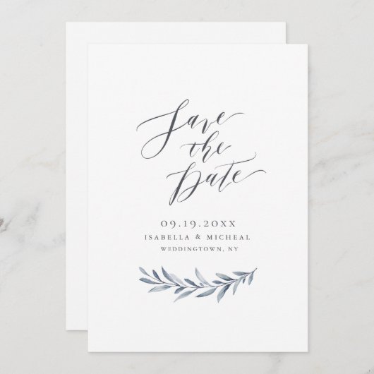 Einfache Hochzeit in blauen Kalligraphien Save The Date (Vorne/Hinten)