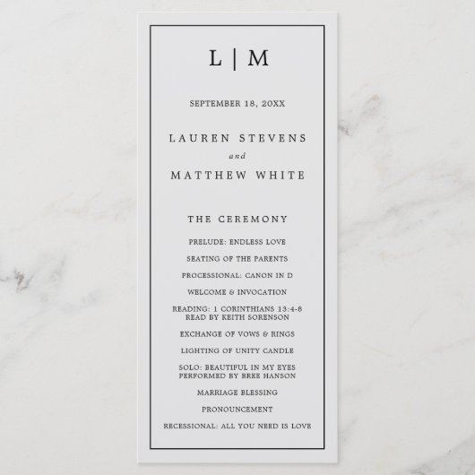 Einfache Hochzeit in hellgrauem Monogramm Programm (Vorderseite)