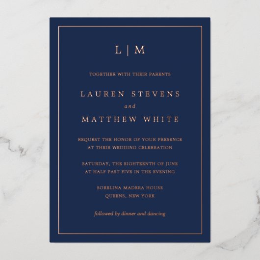 Einfache Hochzeit in Navy Blue Monogram Folieneinladung (Vorderseite)