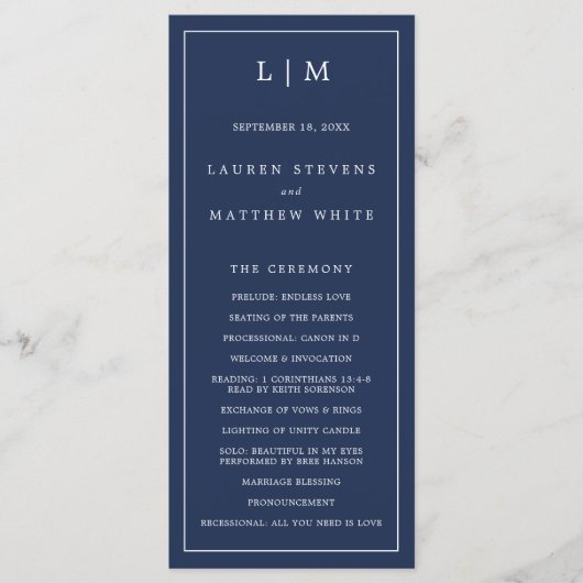 Einfache Hochzeit in Navy Blue Monogram Programm (Vorderseite)