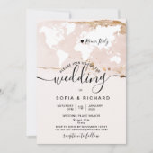 Einfache Hochzeit in Urlaubsort Weltkarte Wasserfa Einladung (Vorderseite)