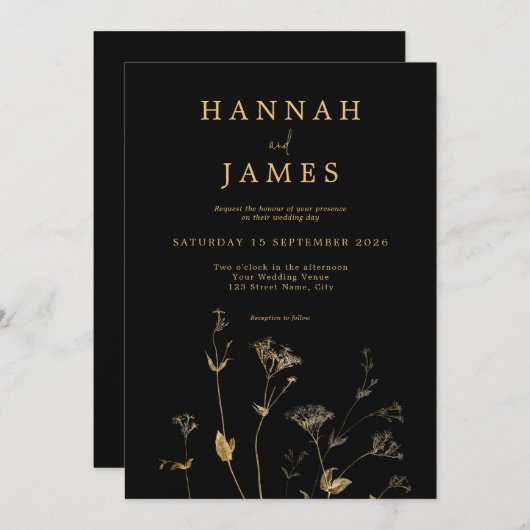 Einfache Hochzeit mit Black and Gold Chic Wildblum Einladung (Vorne/Hinten)