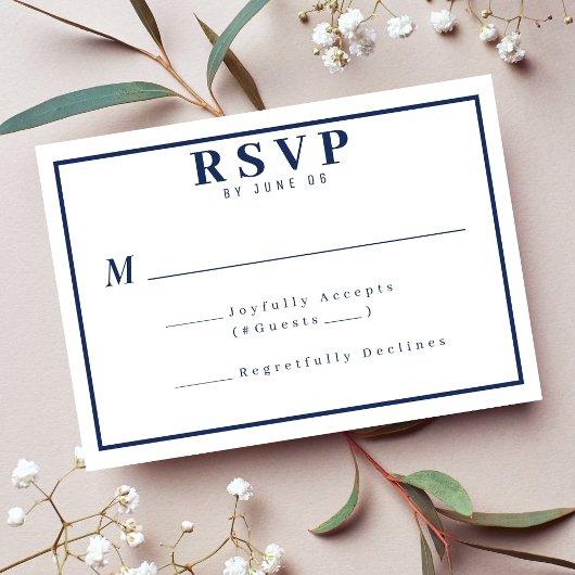 Einfache Hochzeit mit blauem und weißem Border RSVP Karte