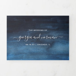 Einfache Hochzeit mit blauem Wasser Moderne Hochze Dreifach Gefaltete Einladung