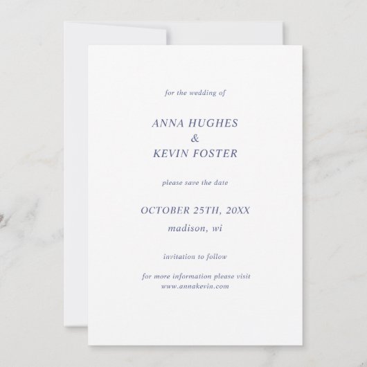 Einfache Hochzeit mit Blauer Typografie-Foto Save The Date (Rückseite)