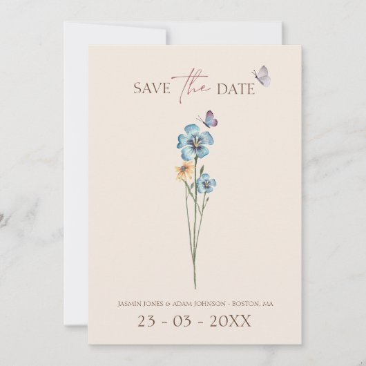 Einfache Hochzeit mit Blauer Wildblume Butterfly Save The Date (Vorderseite)