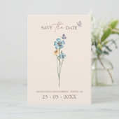 Einfache Hochzeit mit Blauer Wildblume Butterfly Save The Date (Stehend Vorderseite)
