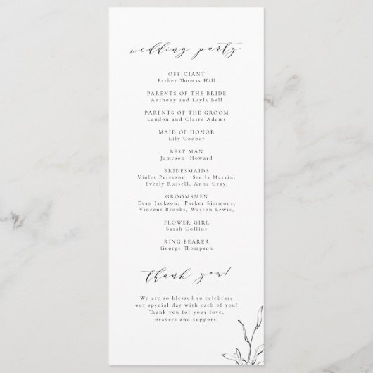 Einfache Hochzeit mit botanischem Wappen Programm (Rückseite)