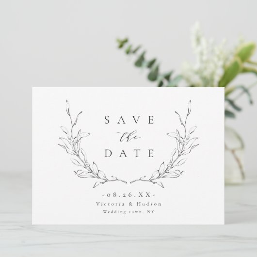 Einfache Hochzeit mit botanischem Wappen Save The Date (Stehend Vorderseite)