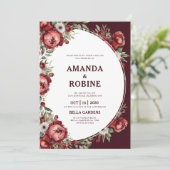 Einfache Hochzeit mit Burgund-Floral Einladung (Stehend Vorderseite)