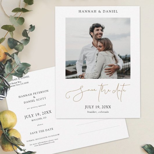 Einfache Hochzeit mit Gold Script Save the Date Fo Ankündigungspostkarte