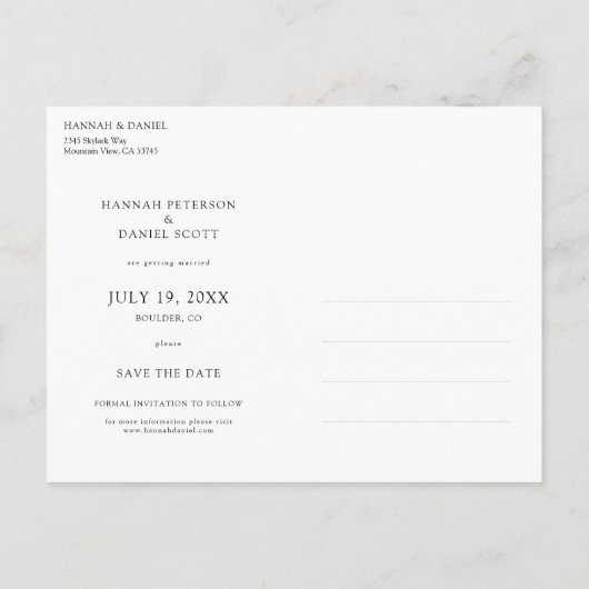 Einfache Hochzeit mit Gold Script Save the Date Fo Ankündigungspostkarte (Rückseite)