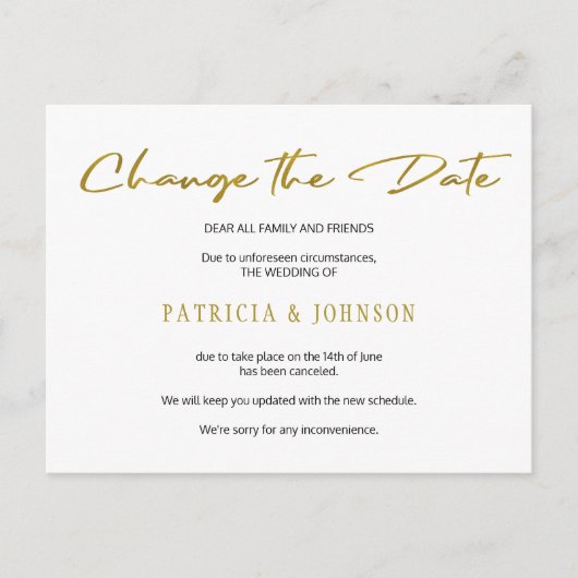 Einfache Hochzeit mit Goldgold-Glitzer ändern das  Ankündigungspostkarte (Vorderseite)