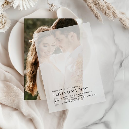 Einfache Hochzeit mit klassischem Typografie-Foto Pergament Einladungen