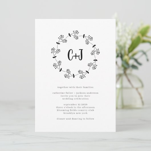 Einfache Hochzeit mit Minimalistischem Kranz Einladung (Stehend Vorderseite)