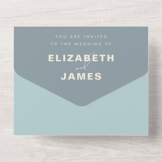 Einfache Hochzeit mit modernem Meerglas Dusty Blue All In One Einladung (Rückseite)