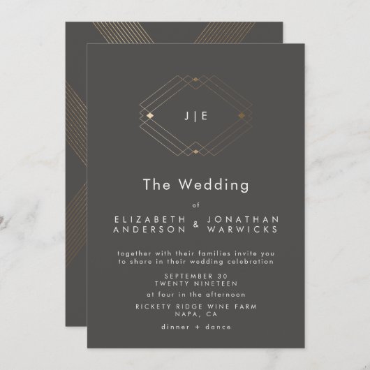 Einfache Hochzeit mit moderner geometrischer Gold- Einladung (Vorne/Hinten)