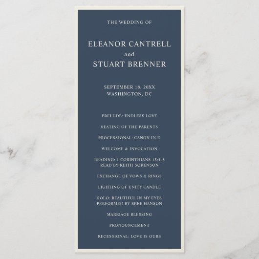 Einfache Hochzeit mit navyblauer und elfenbeinfarb Programm (Vorderseite)