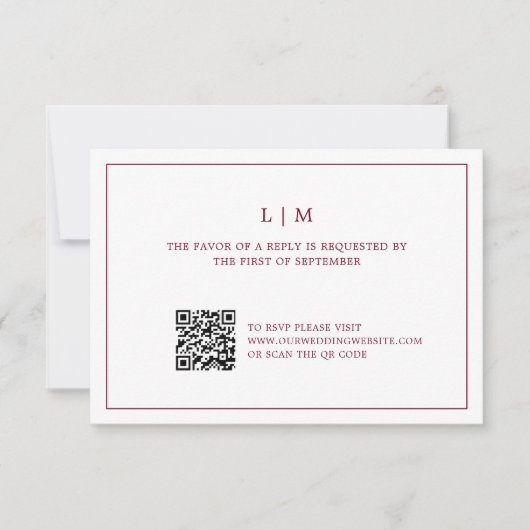 Einfache Hochzeit mit QR-Code für Burgundy Monogra RSVP Karte (Vorderseite)