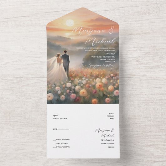 Einfache Hochzeit mit schicker Blume All In One Einladung (Innen Boden)