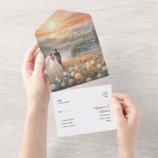 Einfache Hochzeit mit schicker Blume All In One Einladung