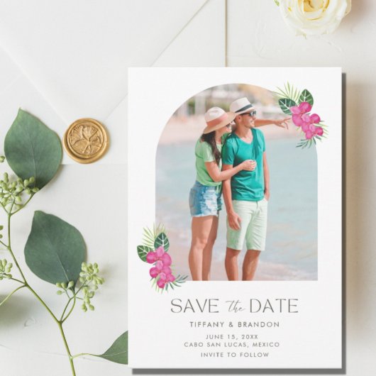 Einfache Hochzeit mit tropischer Blume Foto Beach Save The Date