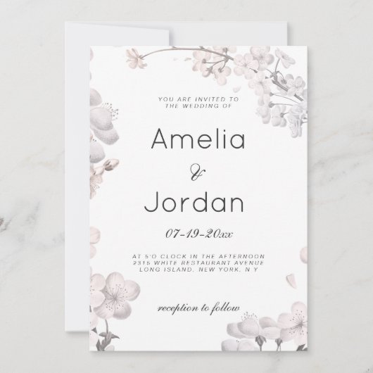 Einfache Hochzeit mit weißer Rosa Kirsche Einladung (Vorderseite)