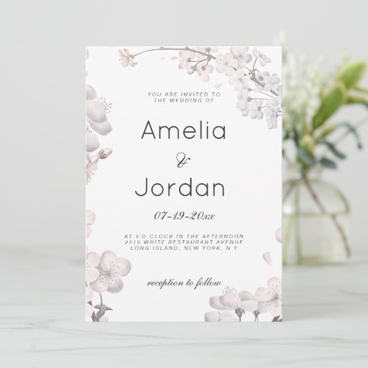 Einfache Hochzeit mit weißer Rosa Kirsche Einladung (Stehend Vorderseite)