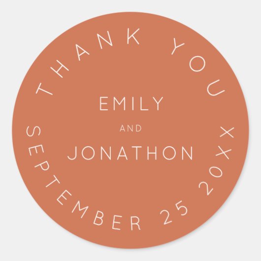 Einfache Hochzeit Vielen Dank Namen Datum Terracot Runder Aufkleber (Vorderseite)