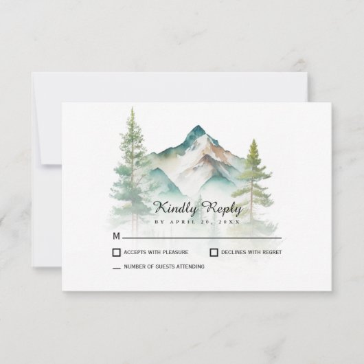 Einfache Hochzeit von Berg- und Pinienbäumen RSVP Karte (Vorderseite)