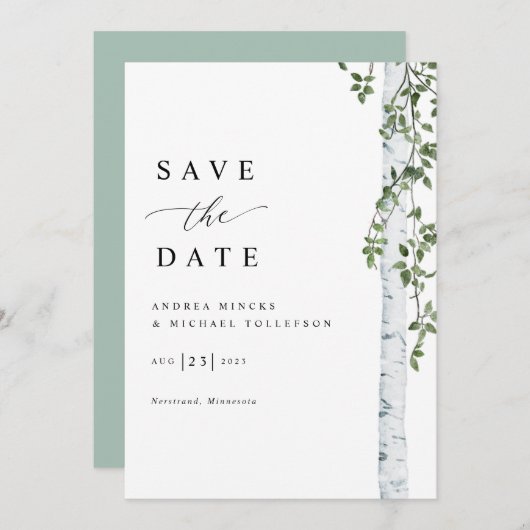 Einfache Hochzeit von Birch Tree Save The Date (Vorne/Hinten)