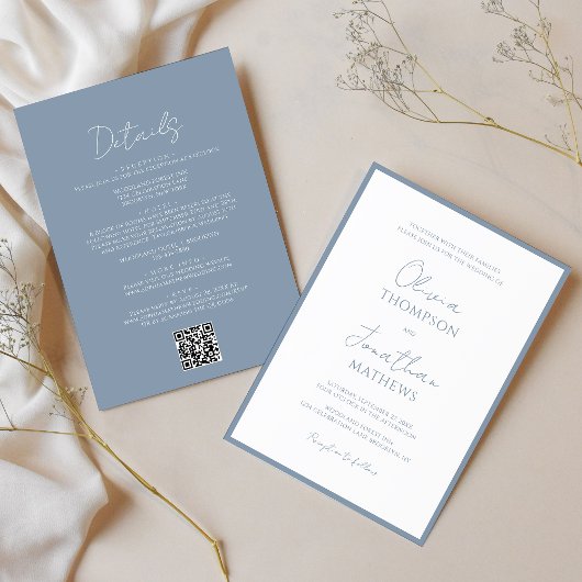 Einfache Hochzeit von Blue Border Script QR Code Einladung