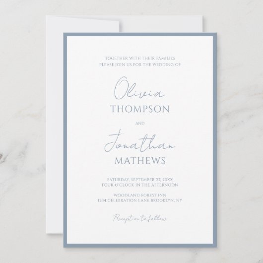 Einfache Hochzeit von Blue Border Script QR Code Einladung (Vorderseite)