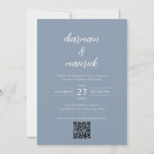 Einfache Hochzeit von Blue Script Foto QR Code Einladung (Rückseite)