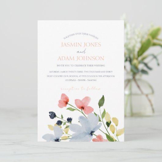 Einfache Hochzeit von Boho Blau und Rosa Einladung (Stehend Vorderseite)