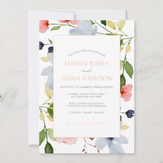 Einfache Hochzeit von Boho Blau und Rosa Einladung (Vorderseite)