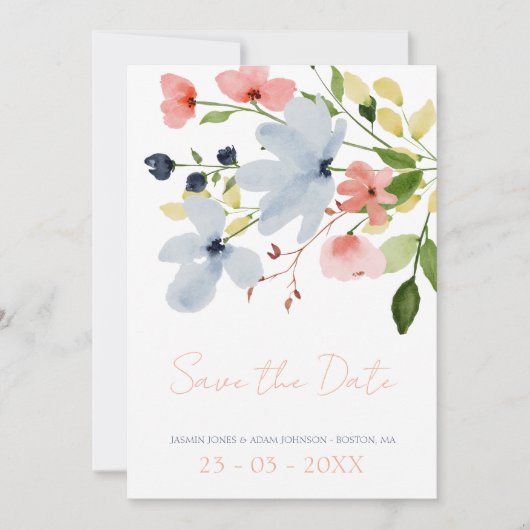 Einfache Hochzeit von Boho Blau und Rosa Save The Date (Vorderseite)