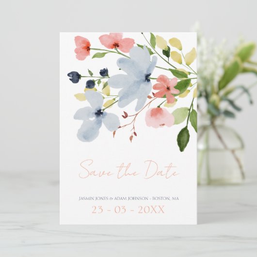 Einfache Hochzeit von Boho Blau und Rosa Save The Date (Stehend Vorderseite)