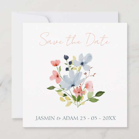 Einfache Hochzeit von Boho Blau und Rosa Save The Date (Vorderseite)