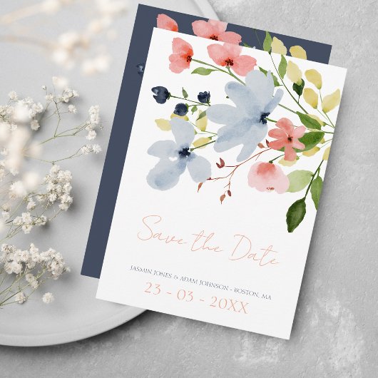 Einfache Hochzeit von Boho Blau und Rosa Save The Date