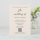 Einfache Hochzeit von Cream Script Foto QR Code Einladung (Stehend Vorderseite)