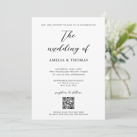 Einfache Hochzeit von elegantem Script-Foto QR-Cod Einladung (Stehend Vorderseite)