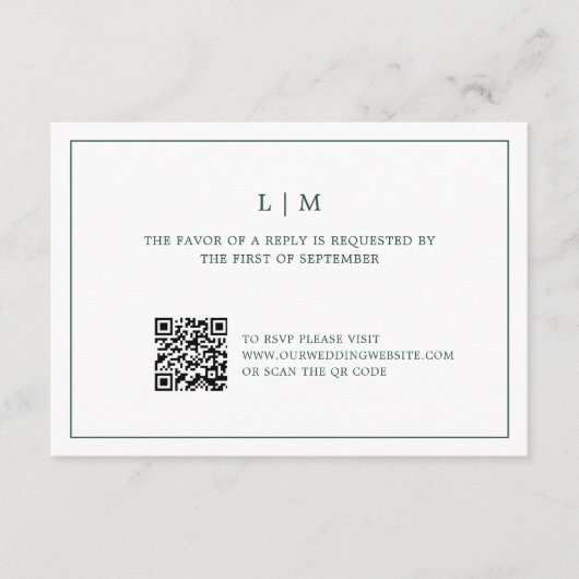 Einfache Hochzeit von Forest Green Monogram QR Cod RSVP Karte (Vorderseite)